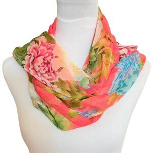 Summer Floral Garden Scarf Wrap Coral Chiffon Lightweight Sheer Silk-Feel Fabric